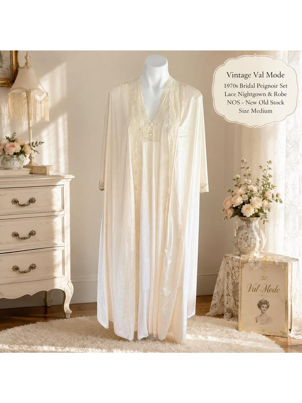 Vintage Val Mode Cream Nylon Peignoir Set Lace Nightgown & Robe Medium 1970s